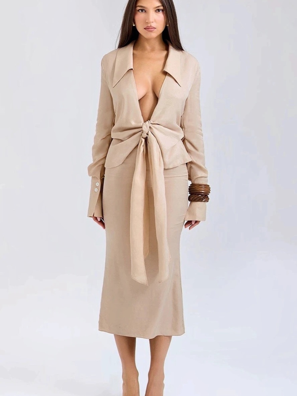 House of CB Beige Tie-Front Midi Dress